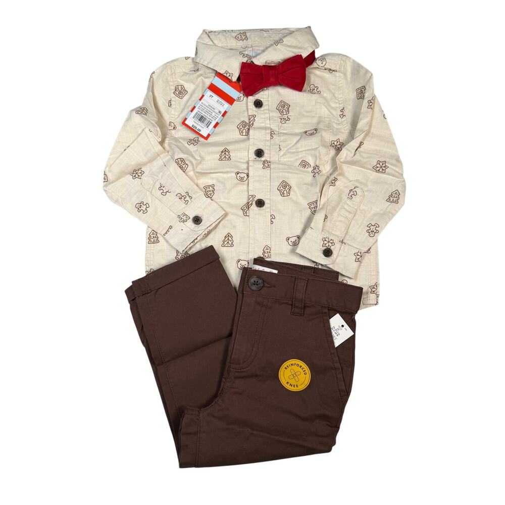 Cat & Jack 3 Piece Christmas Outfit Boys 2T Gingerbread Pants Shirt Bow Tie NWT